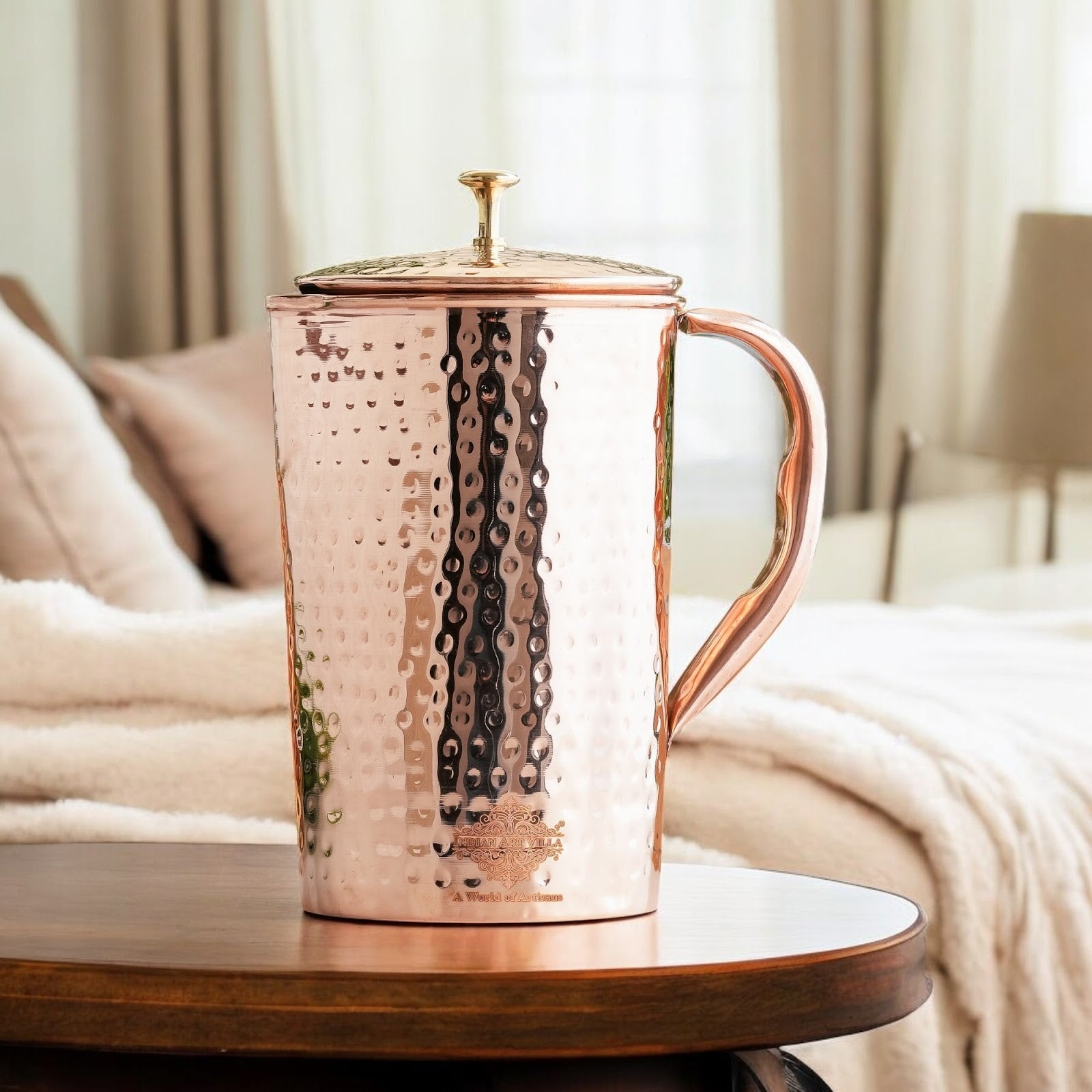 Pure Copper Hammered Antique Design Jug, Pitcher with Brass Knob on Lid