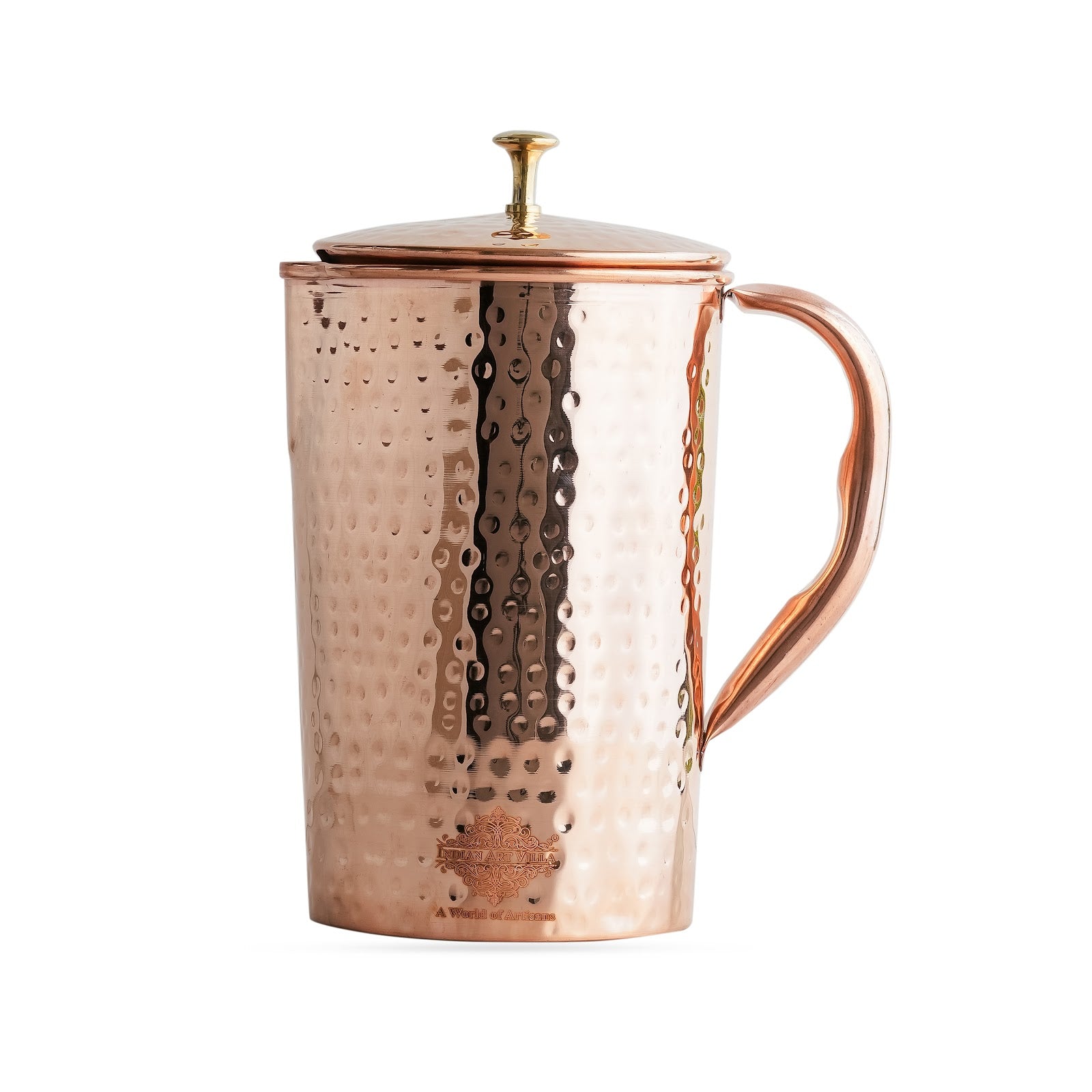 Pure Copper Hammered Antique Design Jug, Pitcher with Brass Knob on Lid