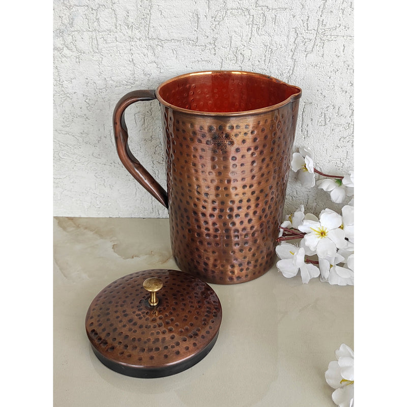 Pure Copper Hammered Antique Design Jug, Pitcher with Brass Knob on Lid