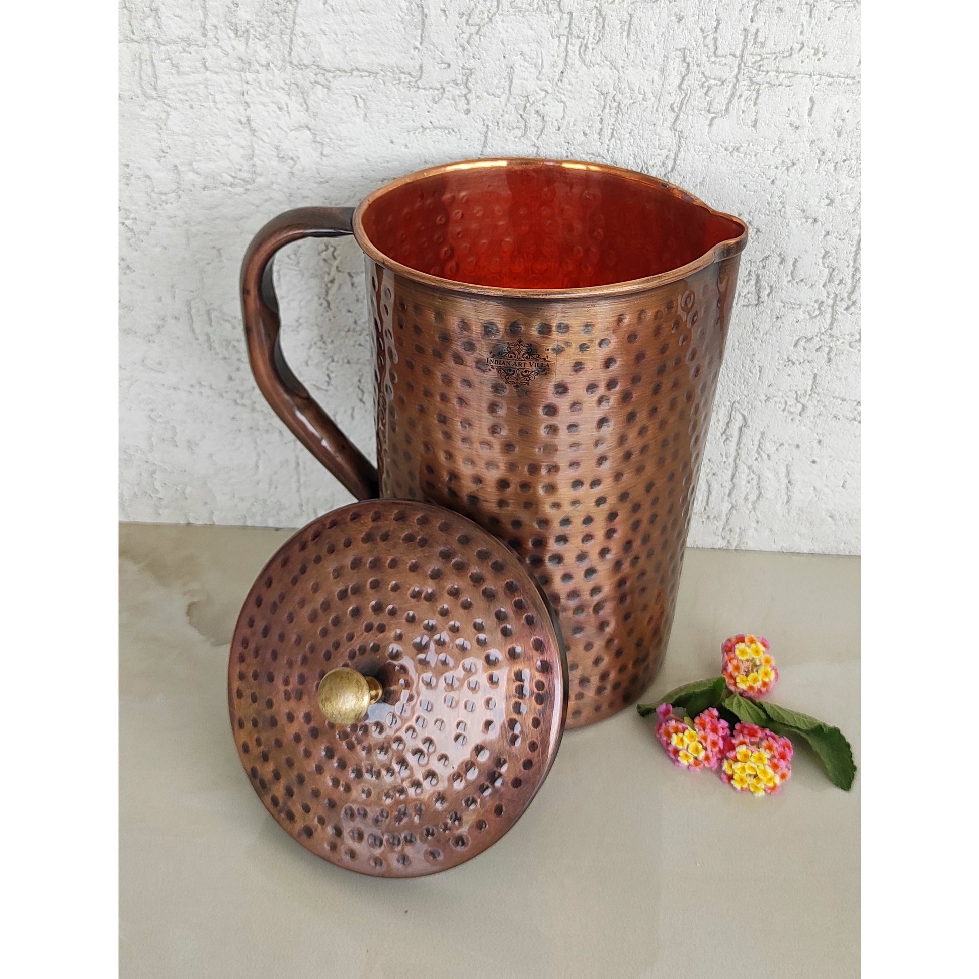 Pure Copper Hammered Antique Design Jug, Pitcher with Brass Knob on Lid