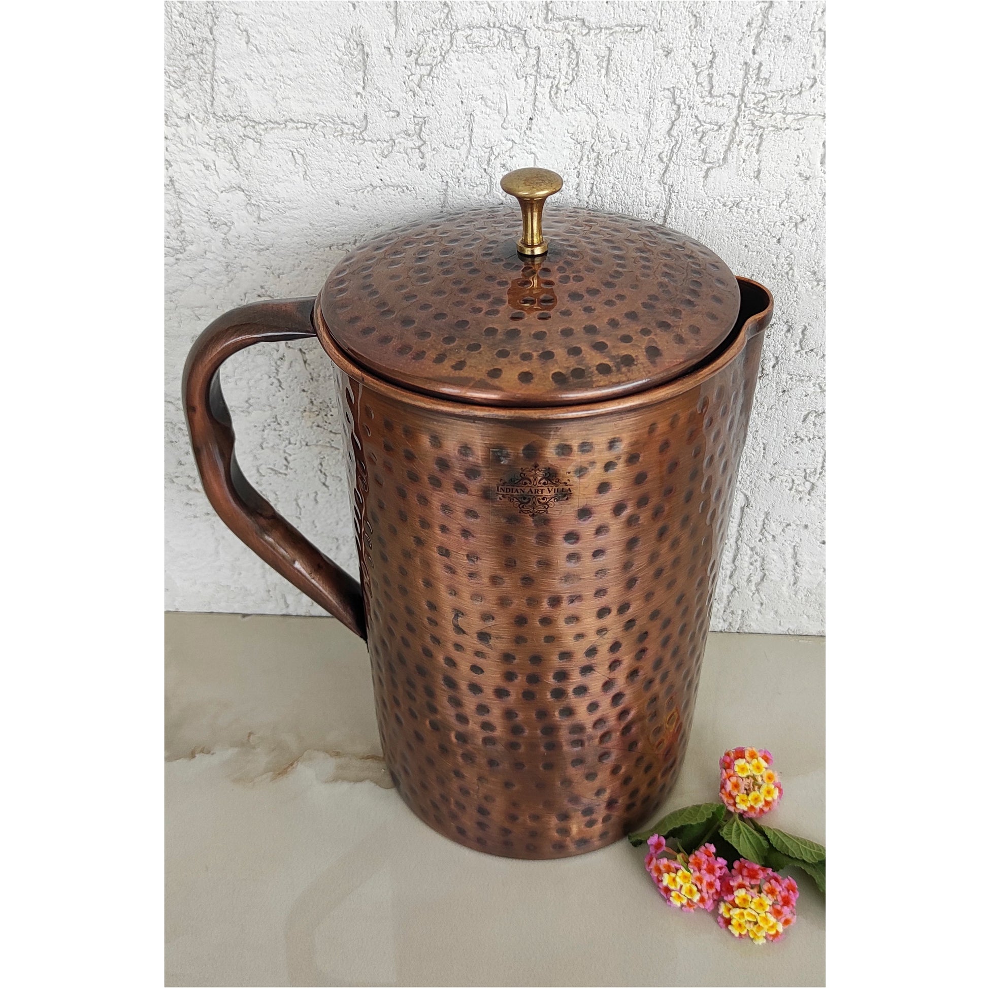 Pure Copper Hammered Antique Design Jug, Pitcher with Brass Knob on Lid