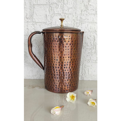 Pure Copper Hammered Antique Design Jug, Pitcher with Brass Knob on Lid