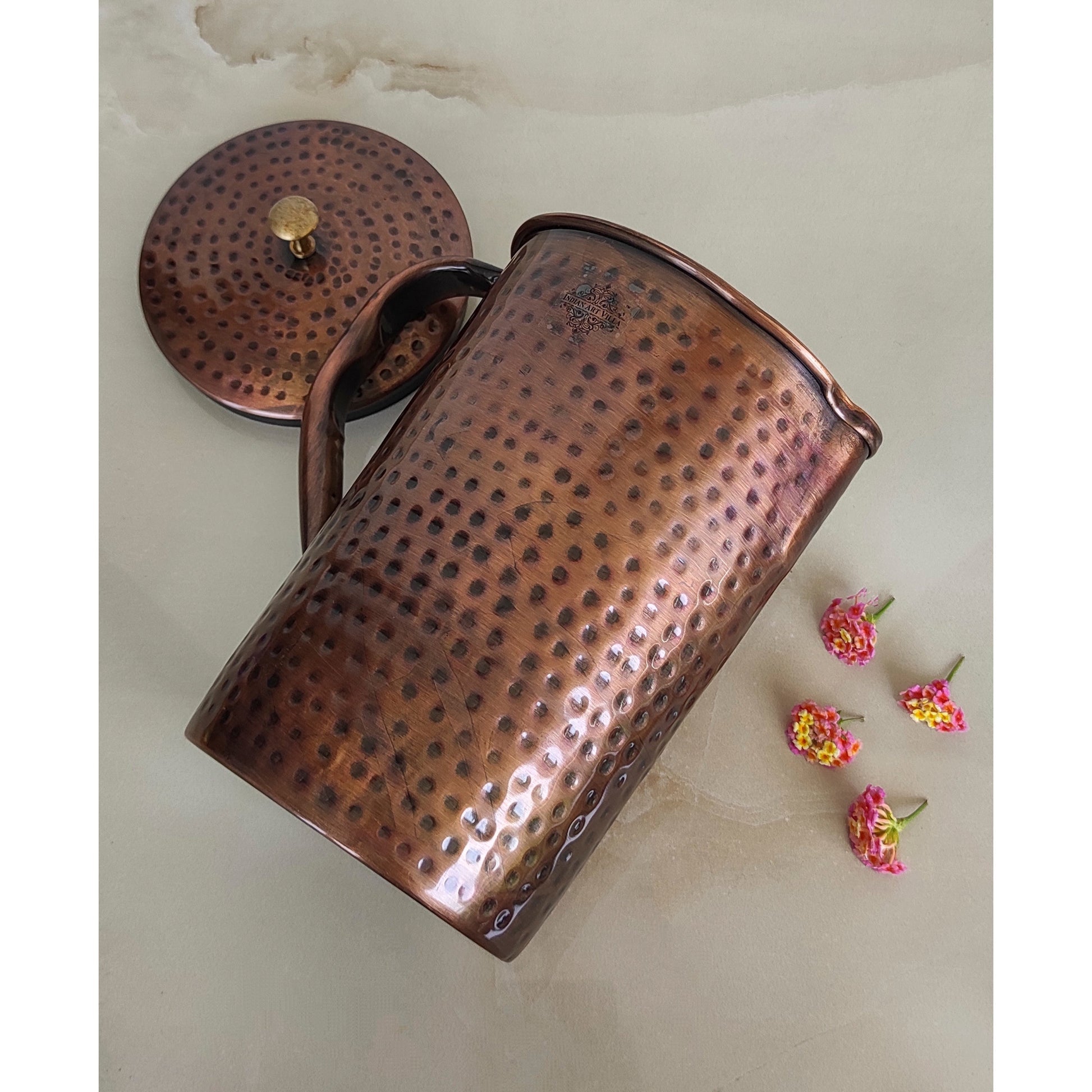 Pure Copper Hammered Antique Design Jug, Pitcher with Brass Knob on Lid