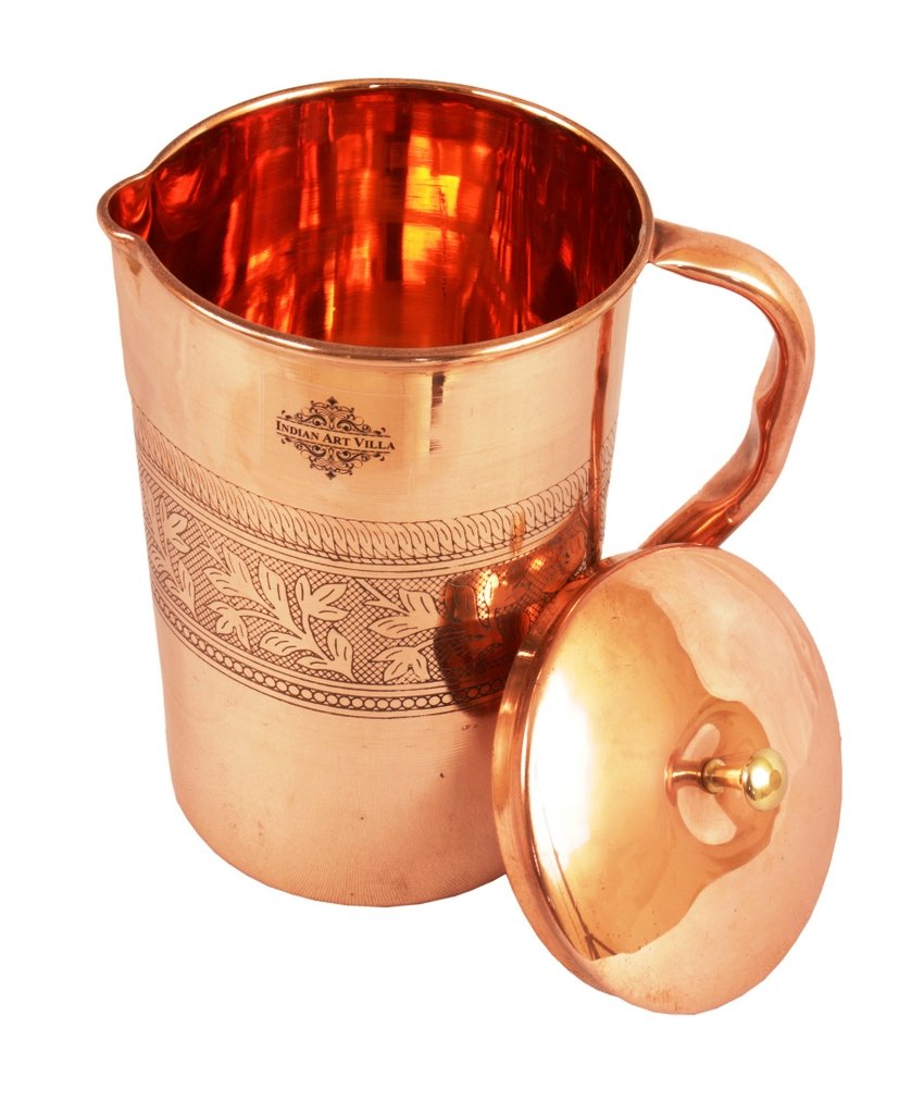 Pure Copper Embossed Jug With Brass Knob on Lid