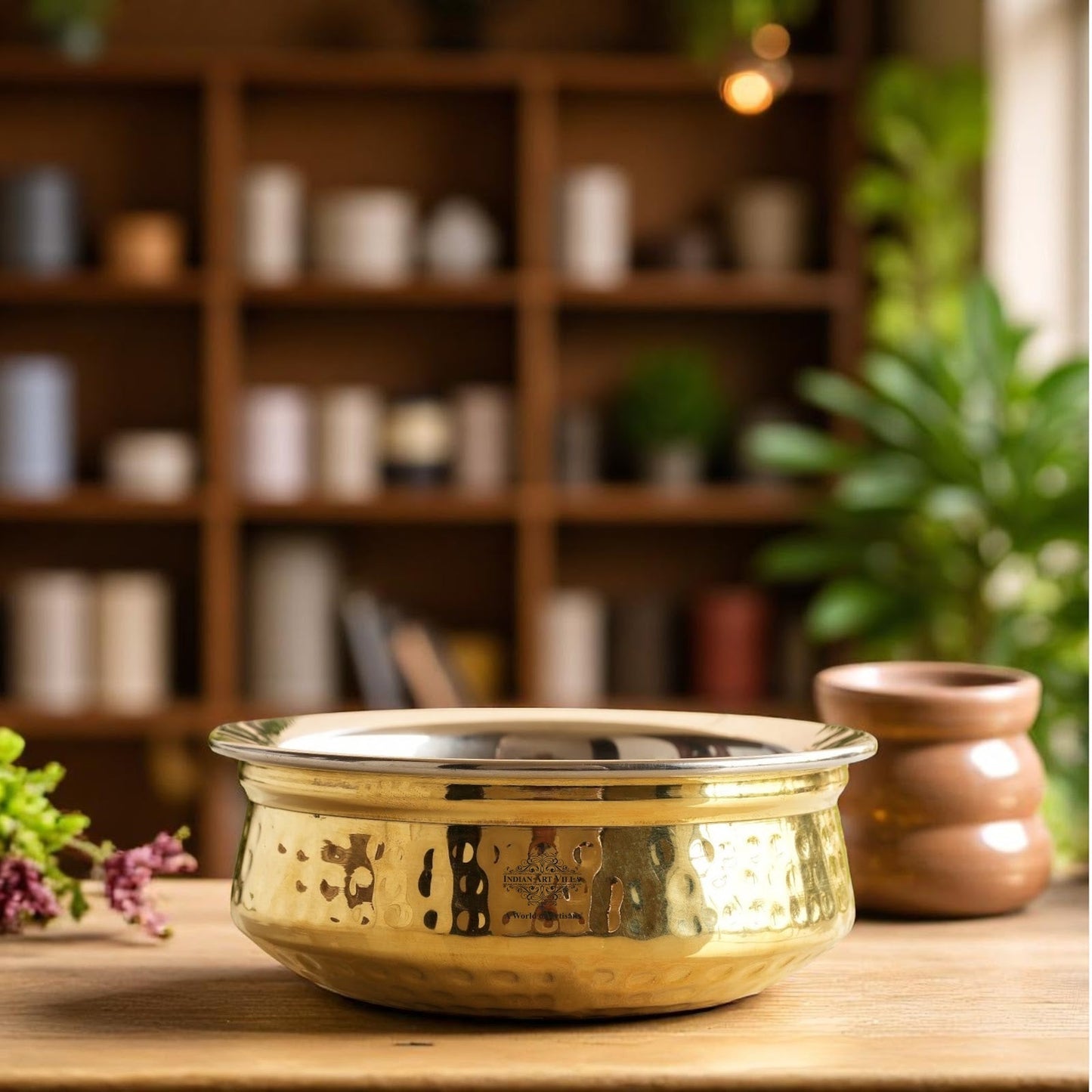 Handcrafted Pure Steel Brass Hammered Design Handi, Servware, Tableware