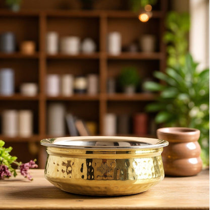 Handcrafted Pure Steel Brass Hammered Design Handi, Servware, Tableware