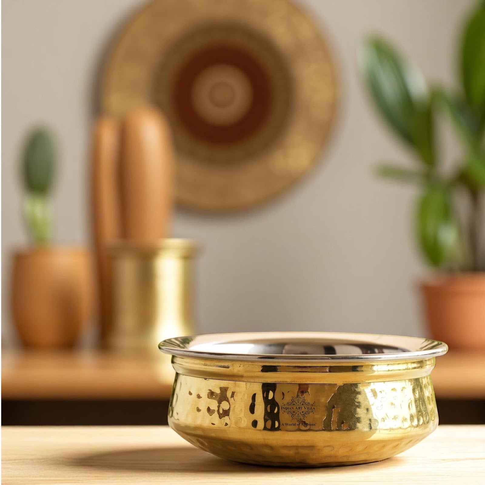 Handcrafted Pure Steel Brass Hammered Design Handi, Servware, Tableware