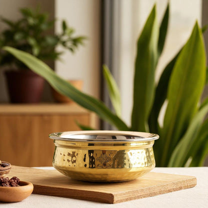 Handcrafted Pure Steel Brass Hammered Design Handi, Servware, Tableware