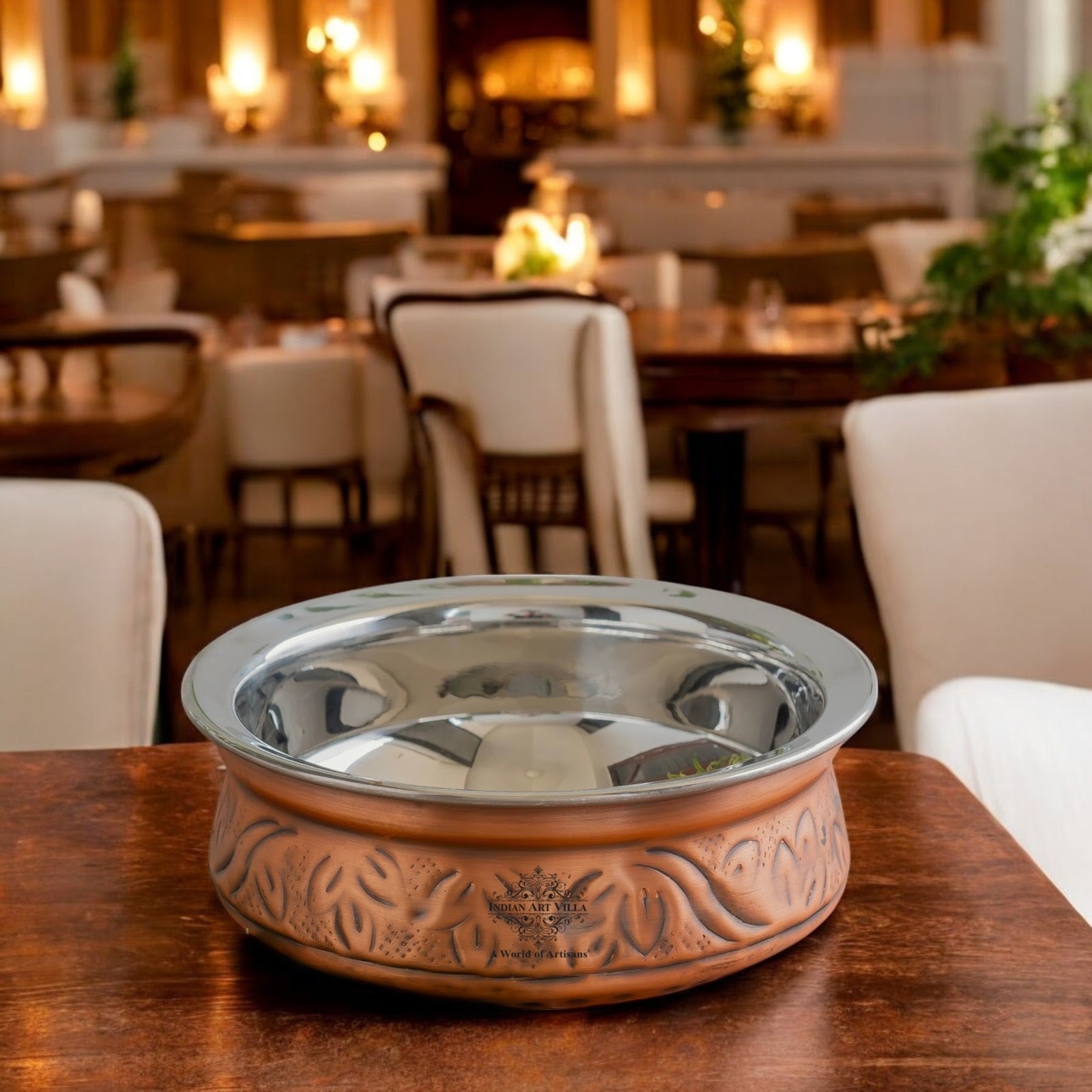 Indian Art Villa, Pure  Steel Copper Embossed Design Serving Handi/Bowl/Casserole, Ideal for Home & Restaurant Tableware and Serveware