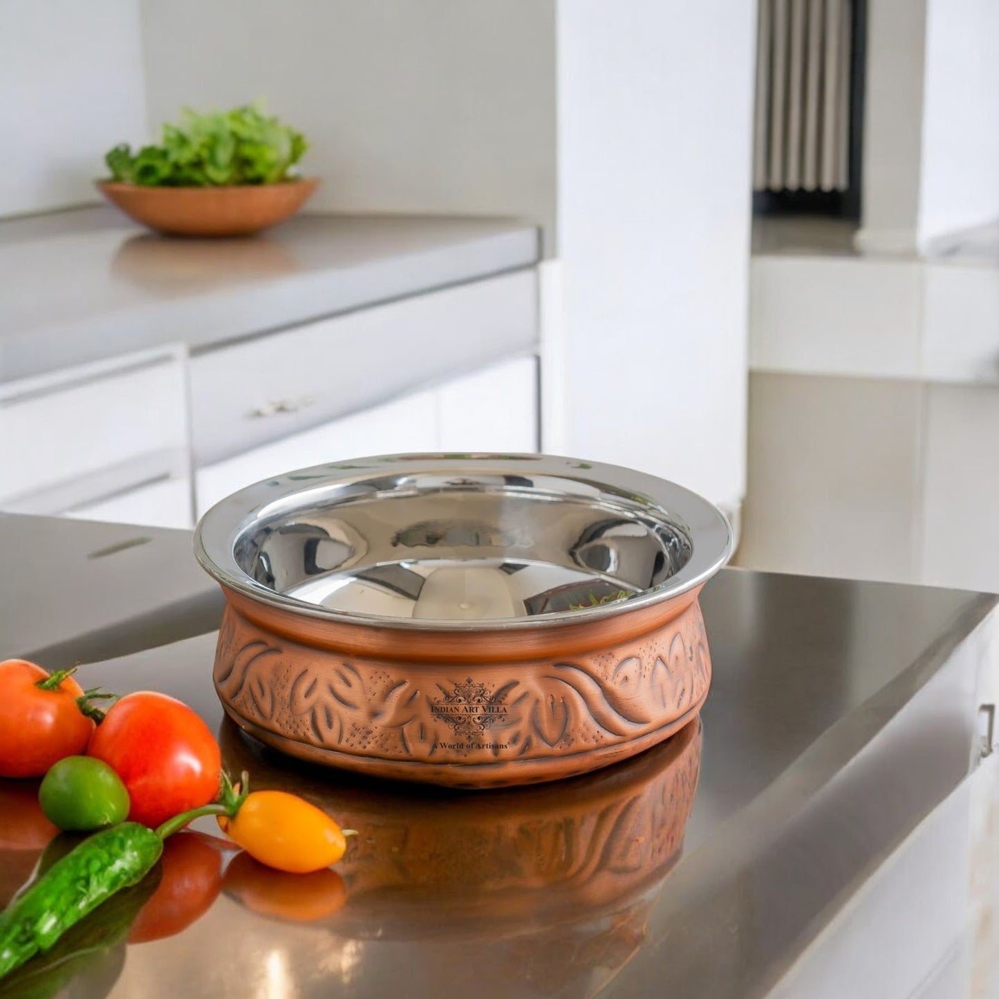 Indian Art Villa, Pure  Steel Copper Embossed Design Serving Handi/Bowl/Casserole, Ideal for Home & Restaurant Tableware and Serveware
