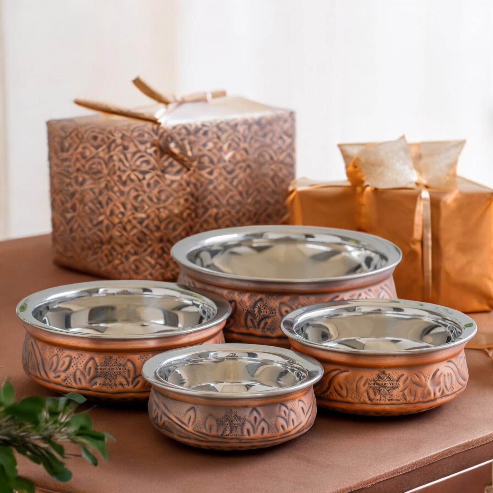 Indian Art Villa, Pure  Steel Copper Embossed Design Serving Handi/Bowl/Casserole, Ideal for Home & Restaurant Tableware and Serveware