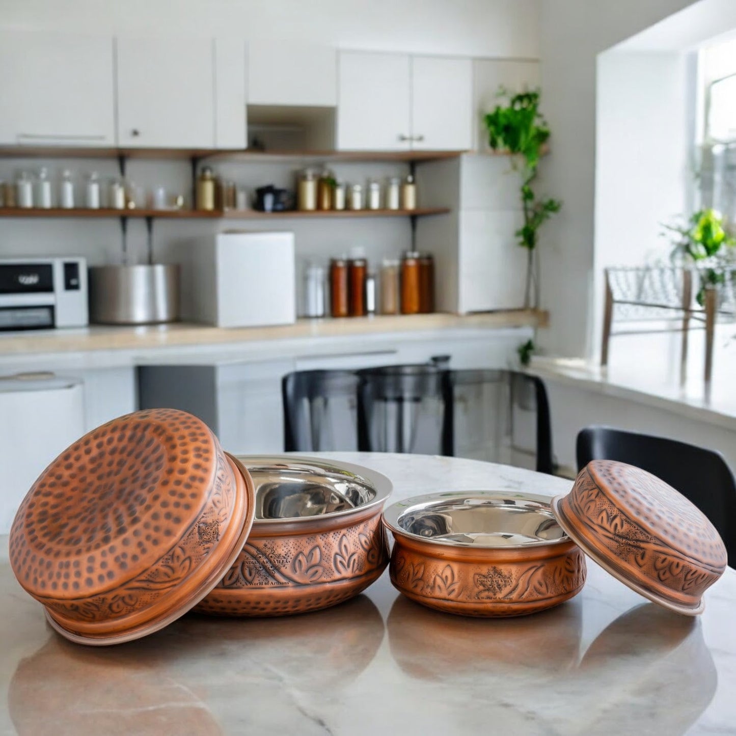 Indian Art Villa, Pure  Steel Copper Embossed Design Serving Handi/Bowl/Casserole, Ideal for Home & Restaurant Tableware and Serveware