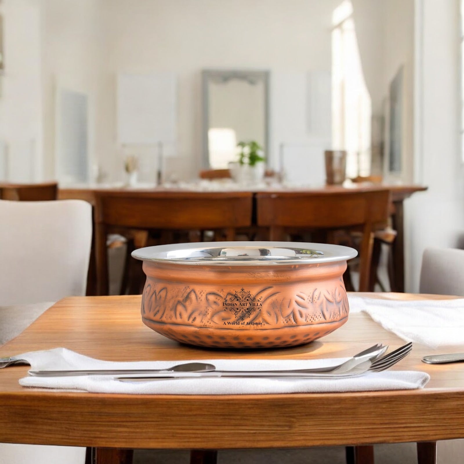 Indian Art Villa, Pure  Steel Copper Embossed Design Serving Handi/Bowl/Casserole, Ideal for Home & Restaurant Tableware and Serveware