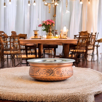 Indian Art Villa, Pure  Steel Copper Embossed Design Serving Handi/Bowl/Casserole, Ideal for Home & Restaurant Tableware and Serveware