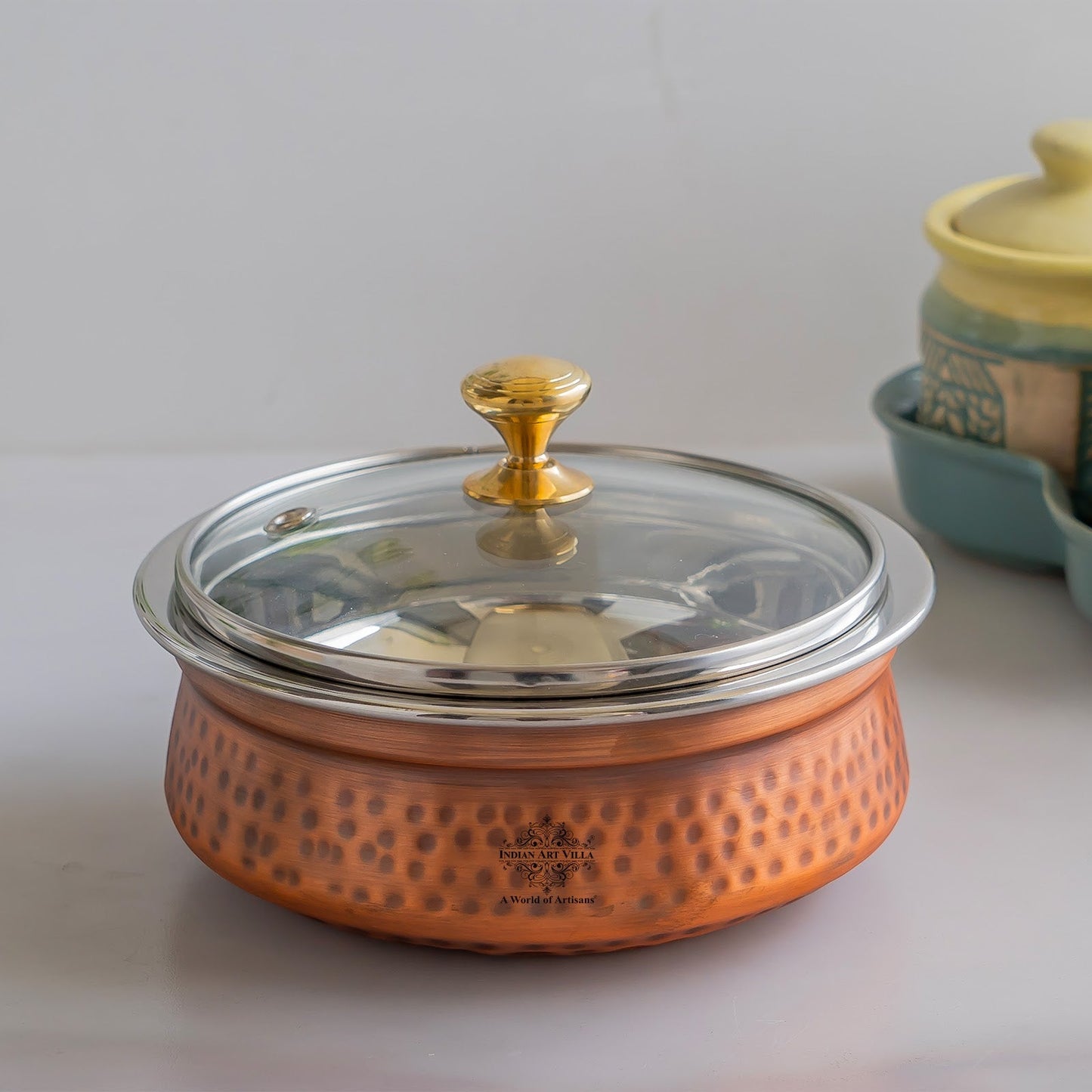 Steel Copper Hammered Serving Handi with Glass Lid and brass handle of lid | Tablewrae | Serveware