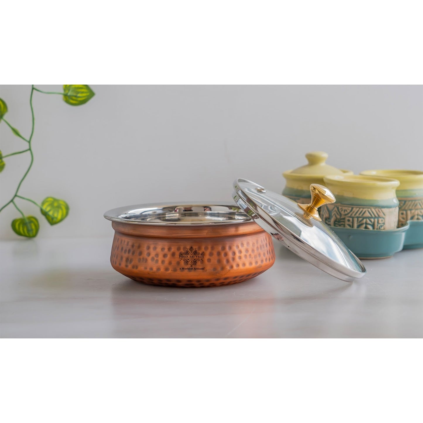 Steel Copper Hammered Serving Handi with Glass Lid and brass handle of lid | Tablewrae | Serveware
