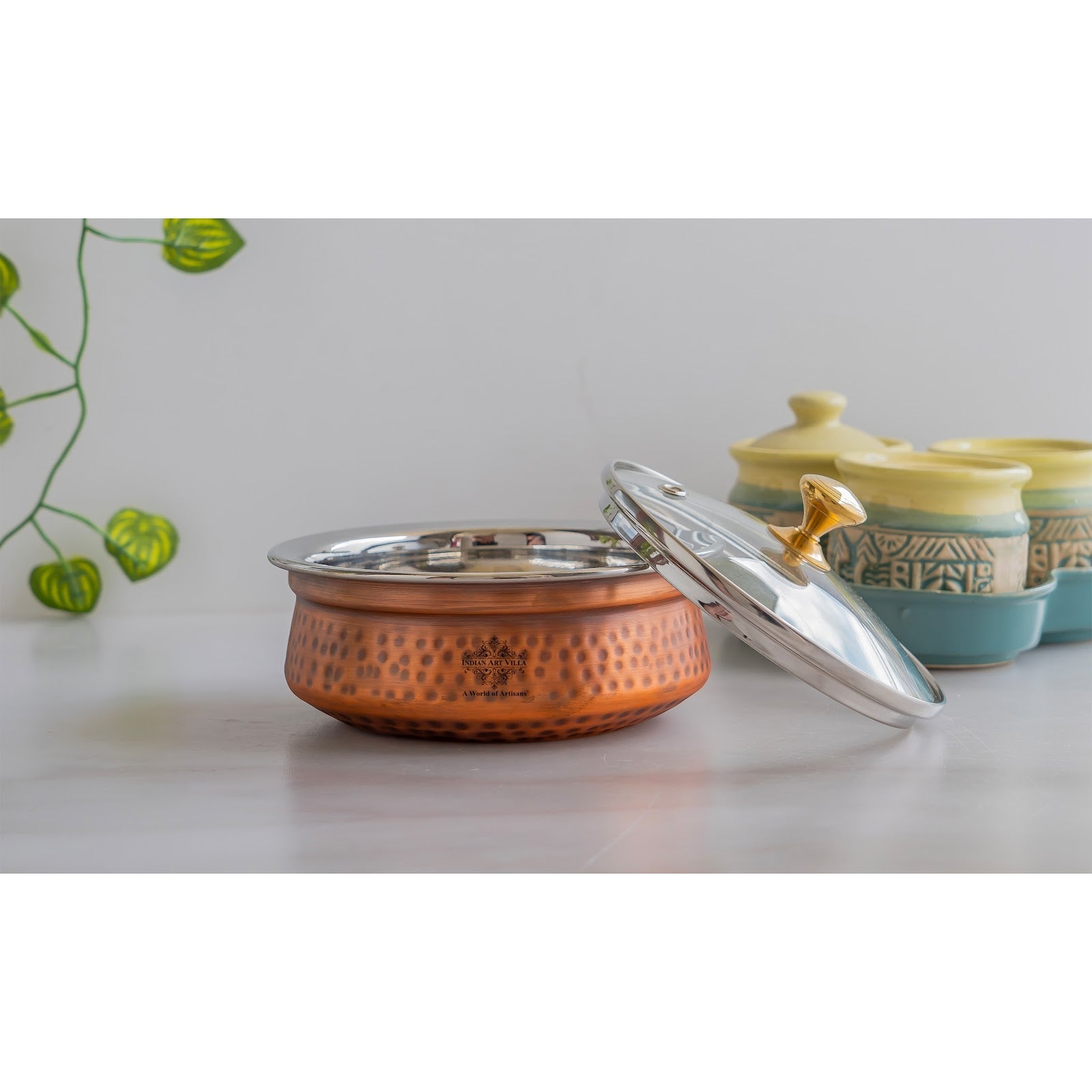 Steel Copper Hammered Serving Handi with Glass Lid and brass handle of lid | Tablewrae | Serveware
