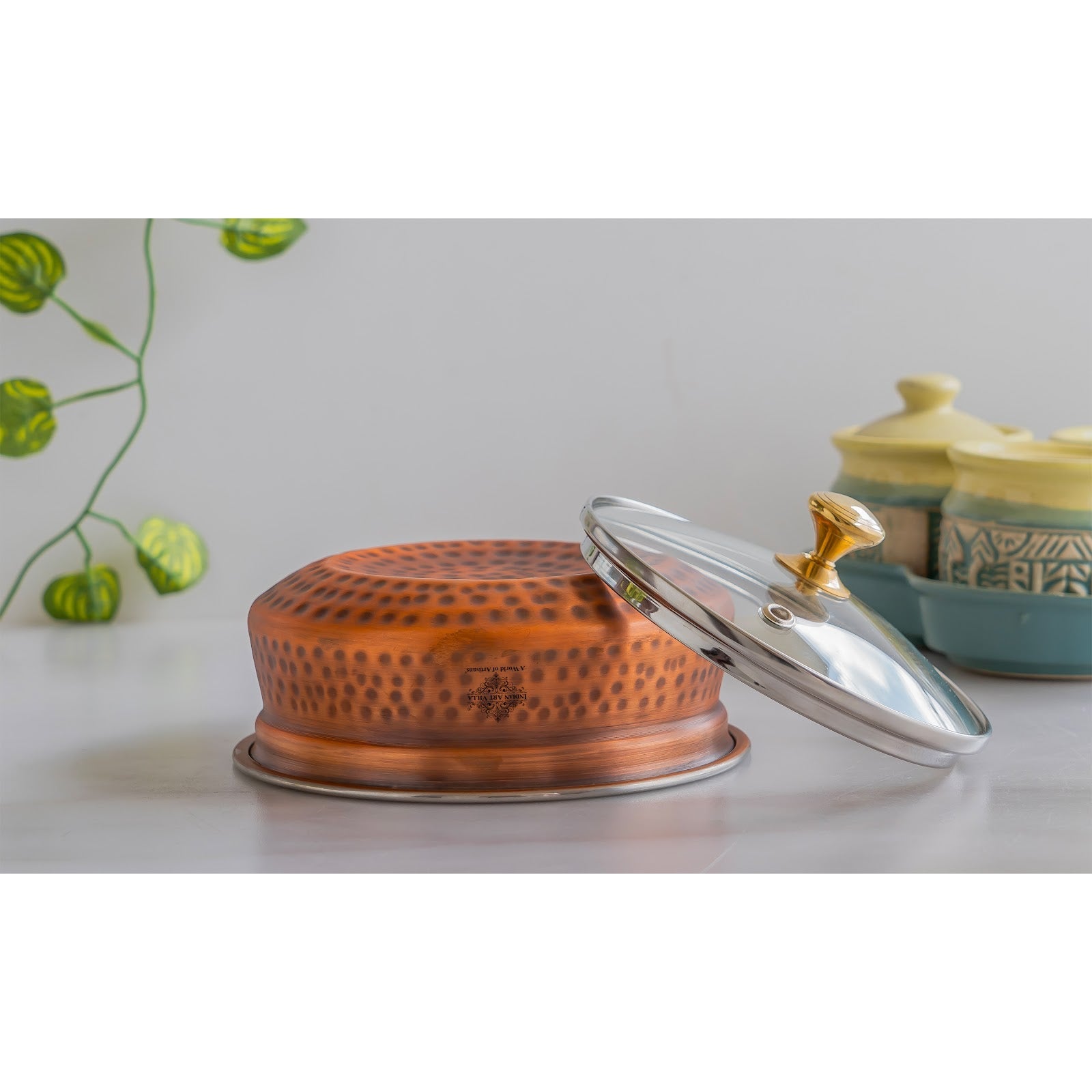 Steel Copper Hammered Serving Handi with Glass Lid and brass handle of lid | Tablewrae | Serveware
