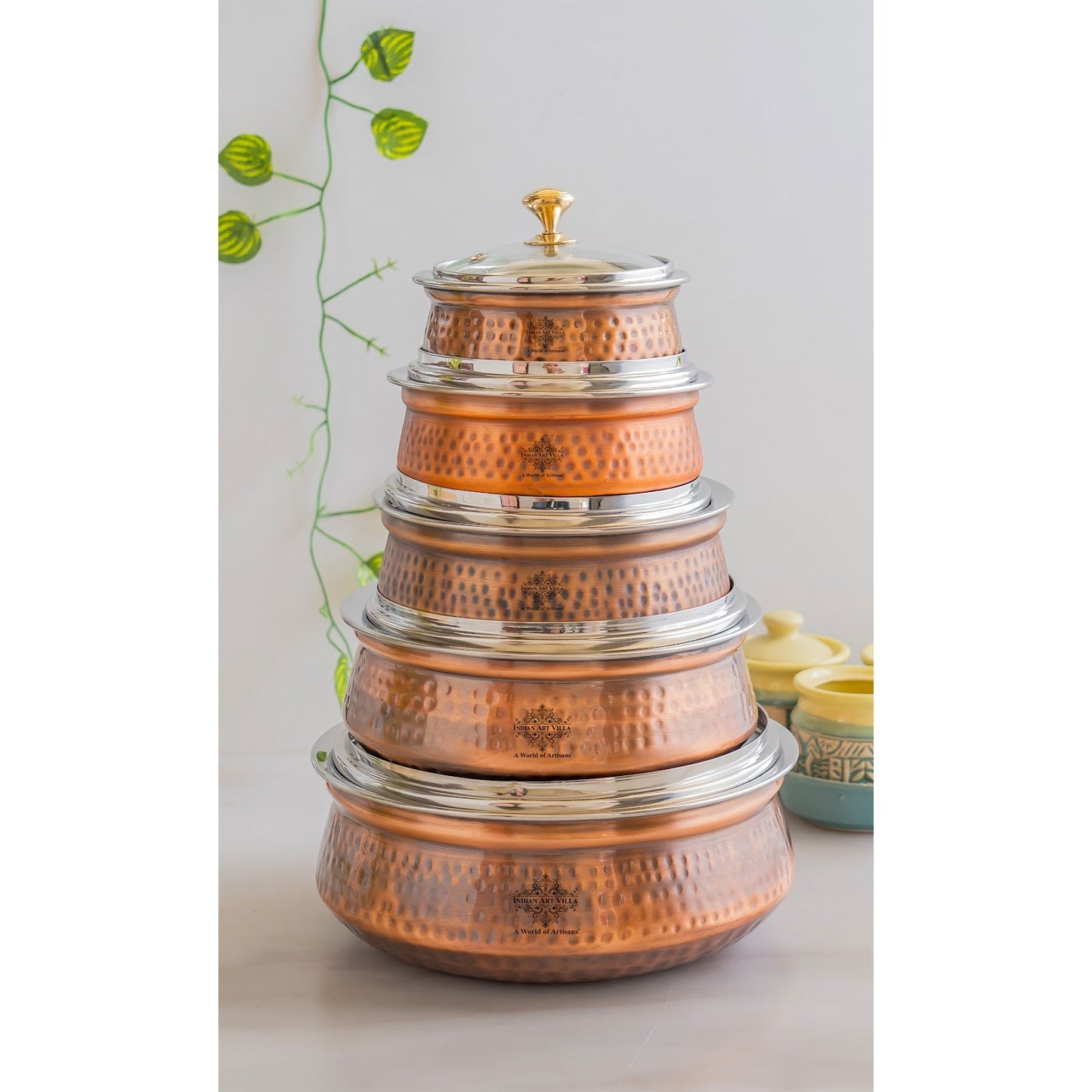Steel Copper Hammered Serving Handi with Glass Lid and brass handle of lid | Tablewrae | Serveware