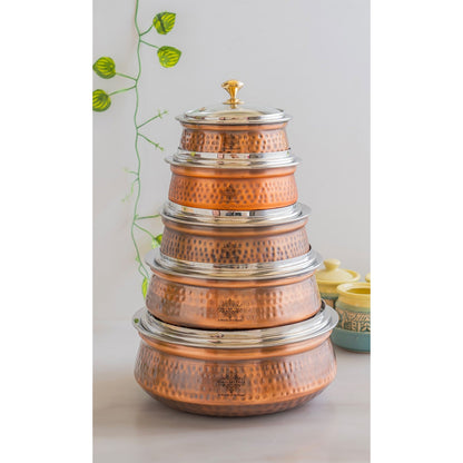 Steel Copper Hammered Serving Handi with Glass Lid and brass handle of lid | Tablewrae | Serveware