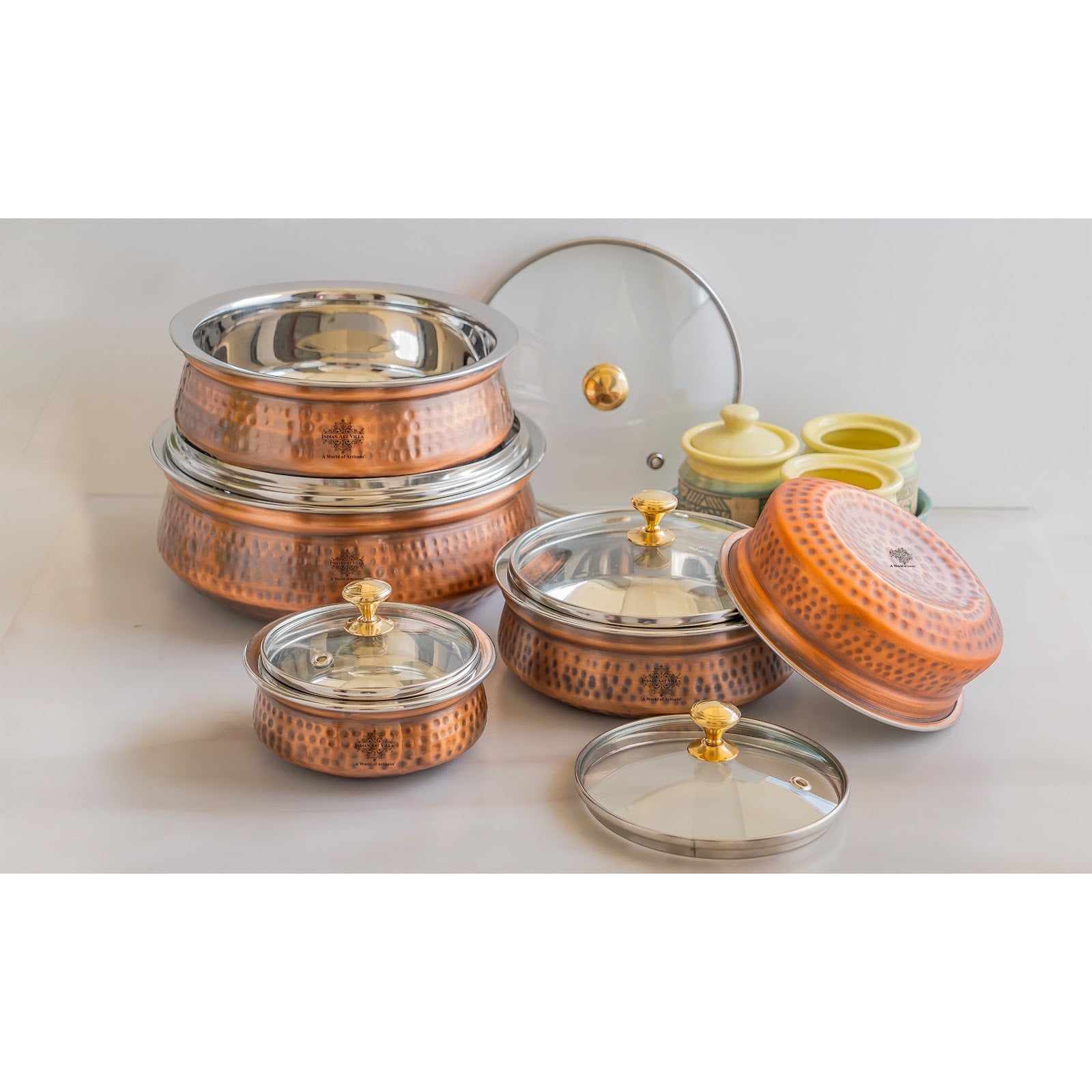 Steel Copper Hammered Serving Handi with Glass Lid and brass handle of lid | Tablewrae | Serveware