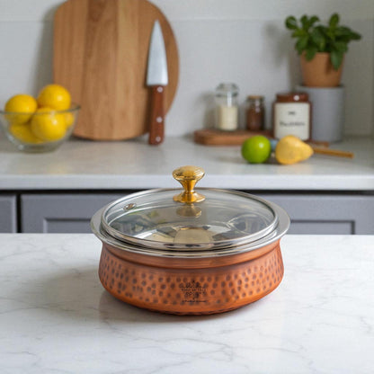 Steel Copper Hammered Serving Handi with Glass Lid and brass handle of lid | Tablewrae | Serveware