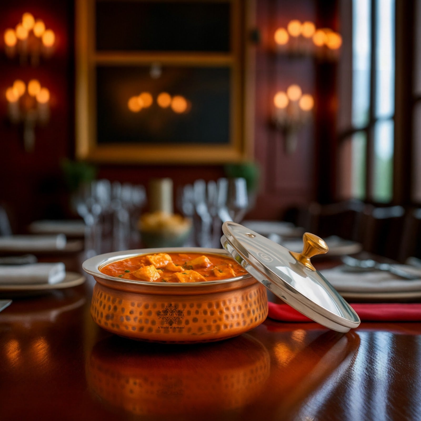 Steel Copper Hammered Serving Handi with Glass Lid and brass handle of lid | Tablewrae | Serveware