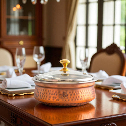 Steel Copper Hammered Serving Handi with Glass Lid and brass handle of lid | Tablewrae | Serveware