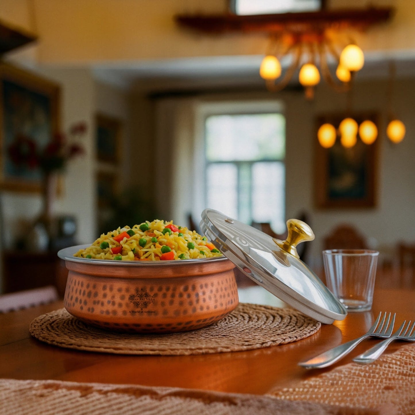 Steel Copper Hammered Serving Handi with Glass Lid and brass handle of lid | Tablewrae | Serveware