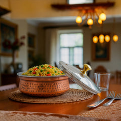 Steel Copper Hammered Serving Handi with Glass Lid and brass handle of lid | Tablewrae | Serveware