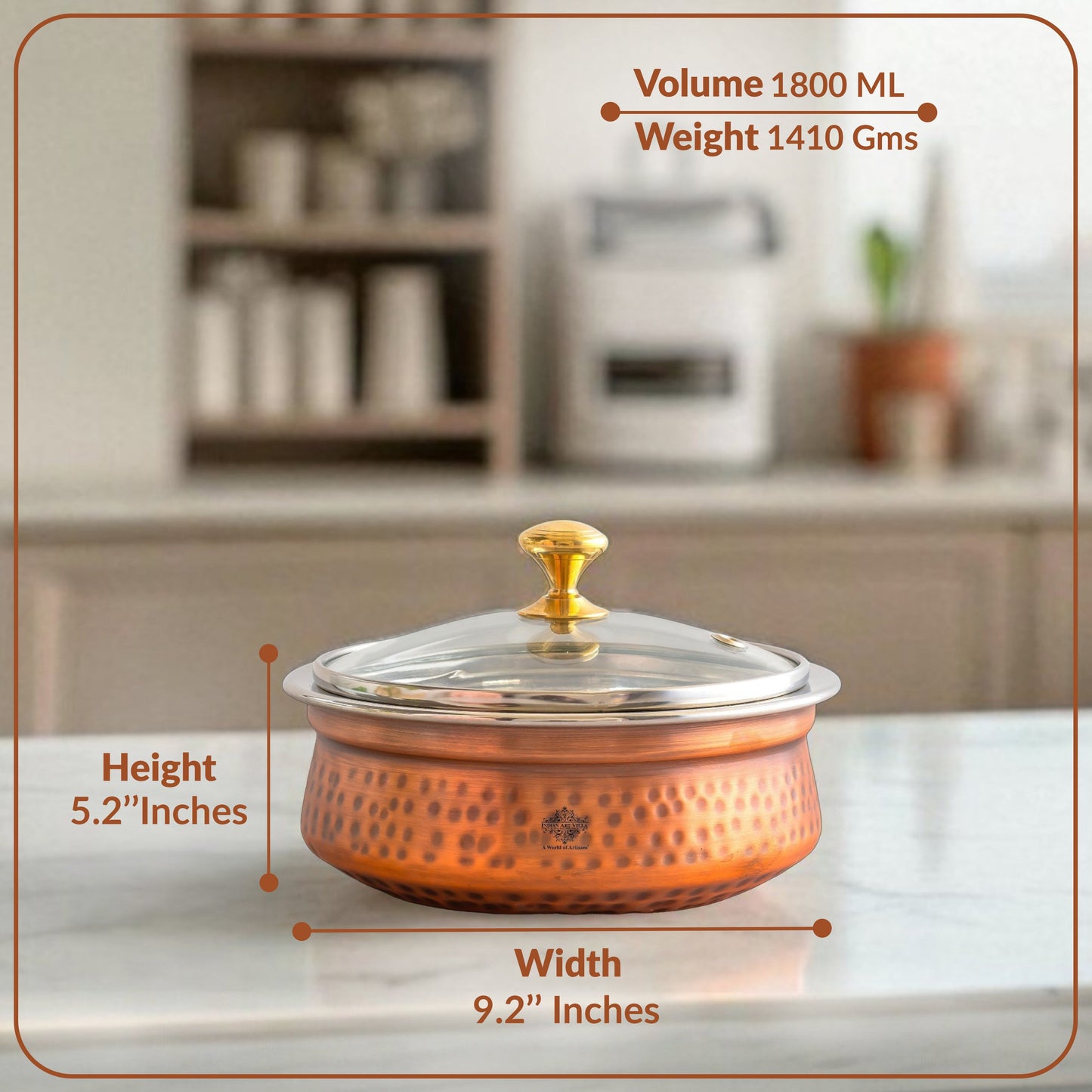 Steel Copper Hammered Serving Handi with Glass Lid and brass handle of lid | Tablewrae | Serveware