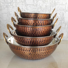 Hammered Antique Dark Tone Design Steel Copper Kadhai Wok Bowl, Serving Dishes, Tableware
