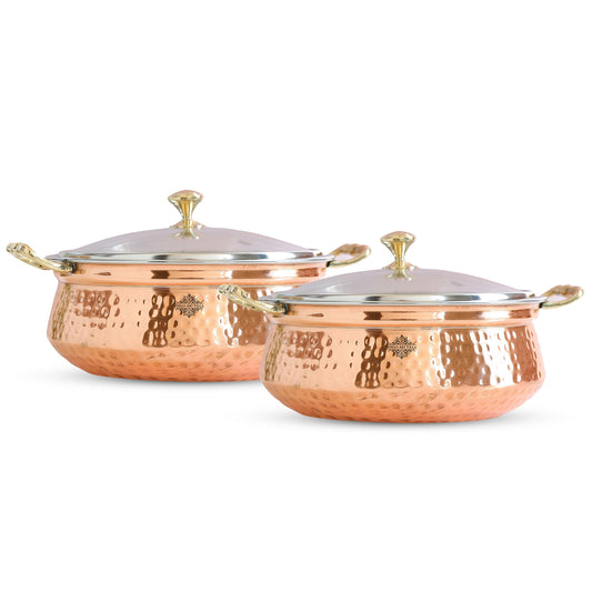 Handmade Steel Copper Set of 2 Casserole Donga with Glass Lid, 400ml/500ml