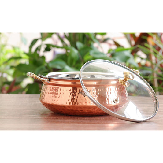 Handmade Steel Copper Set of 2 Casserole Donga with Glass Lid, 400ml/500ml