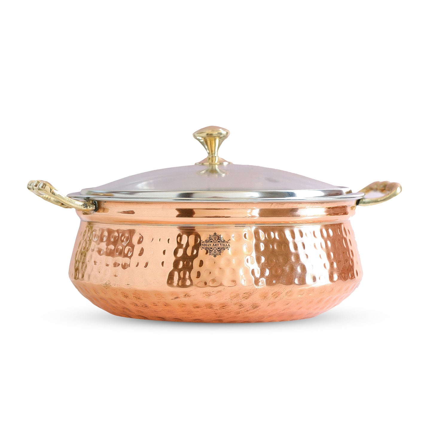 Pure Steel Copper Hammered Design Casserole with Brass Handles