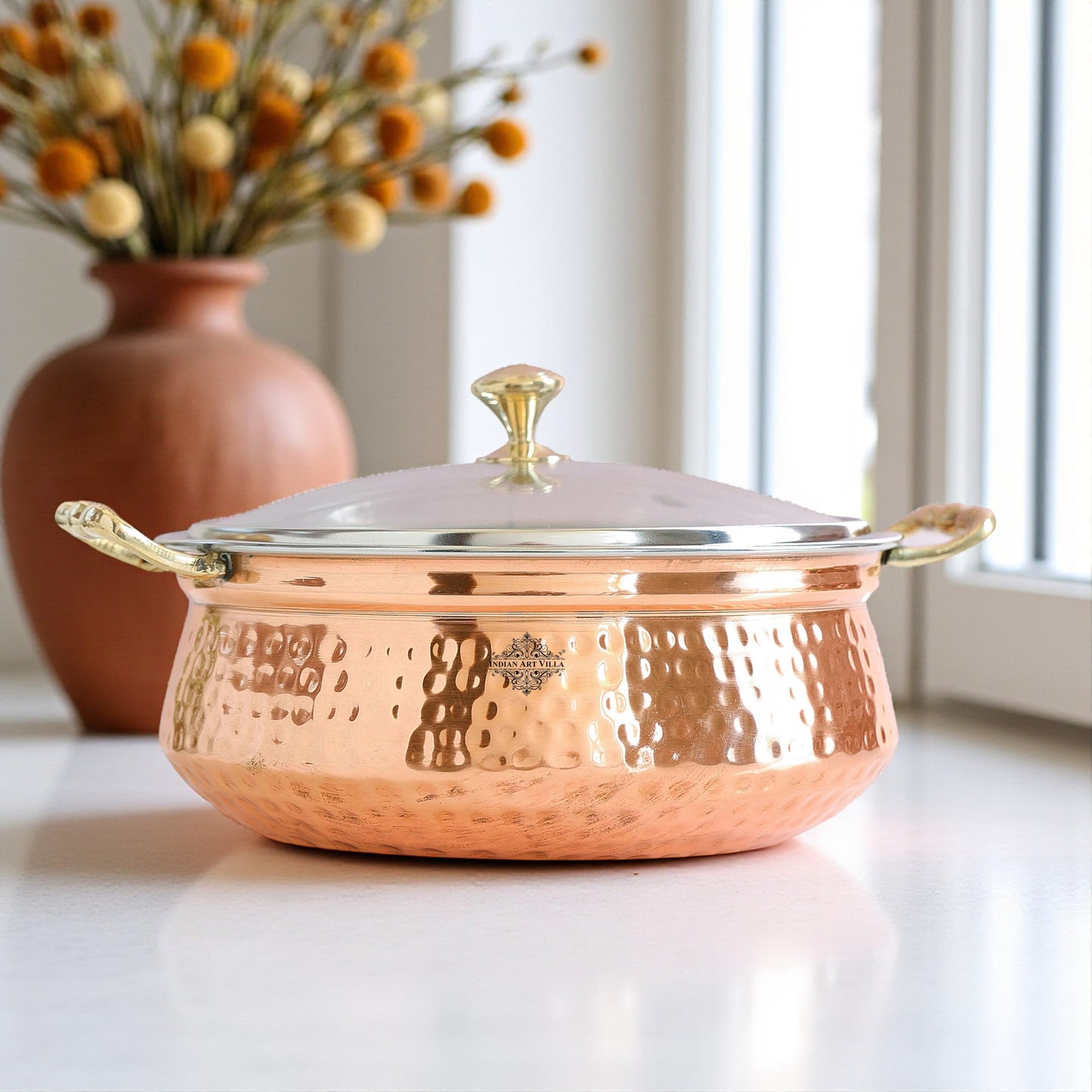 Pure Steel Copper Hammered Design Casserole with Brass Handles
