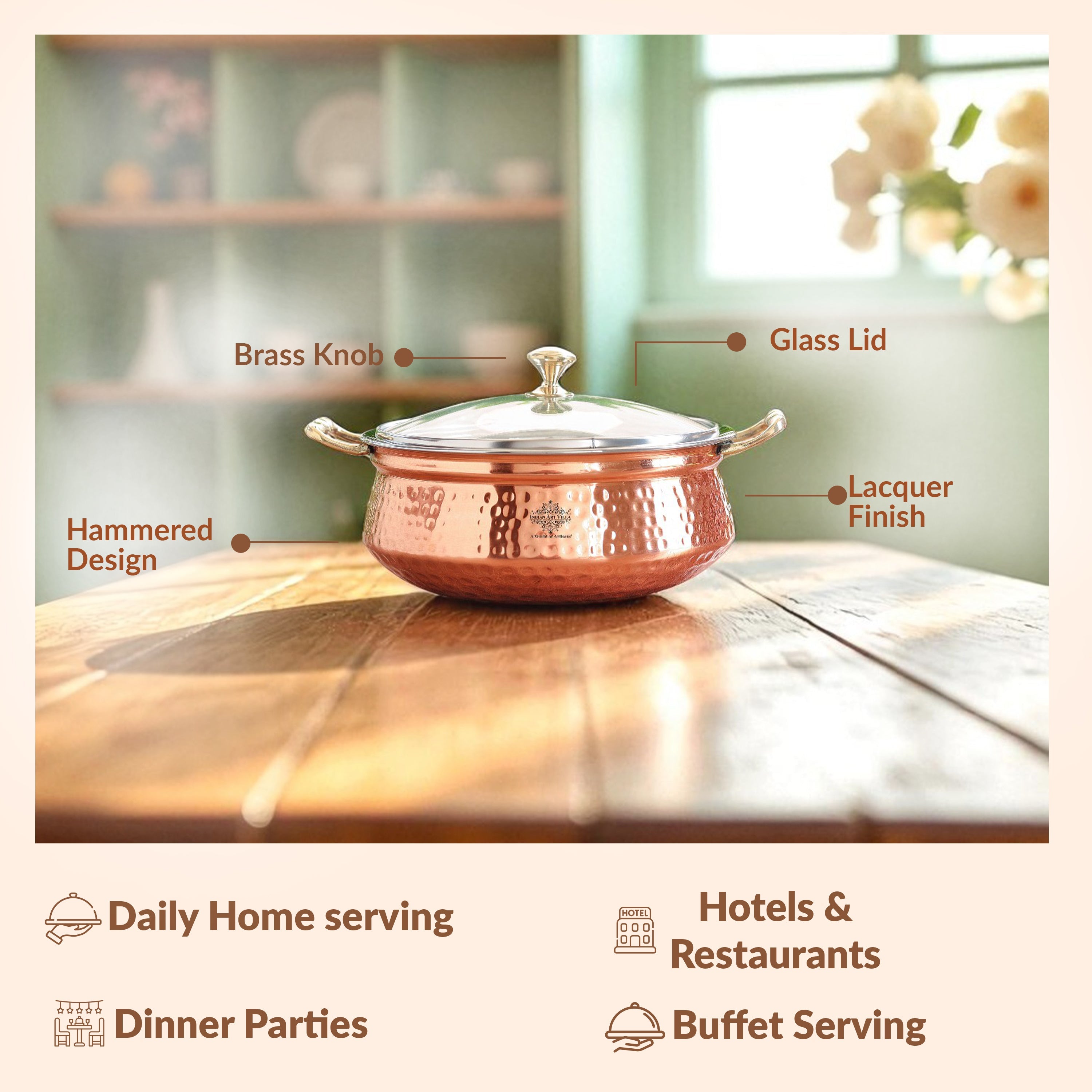 Pure Steel Copper Hammered Design Casserole with Brass Handles