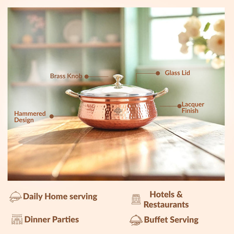 Pure Steel Copper Hammered Design Casserole with Brass Handles