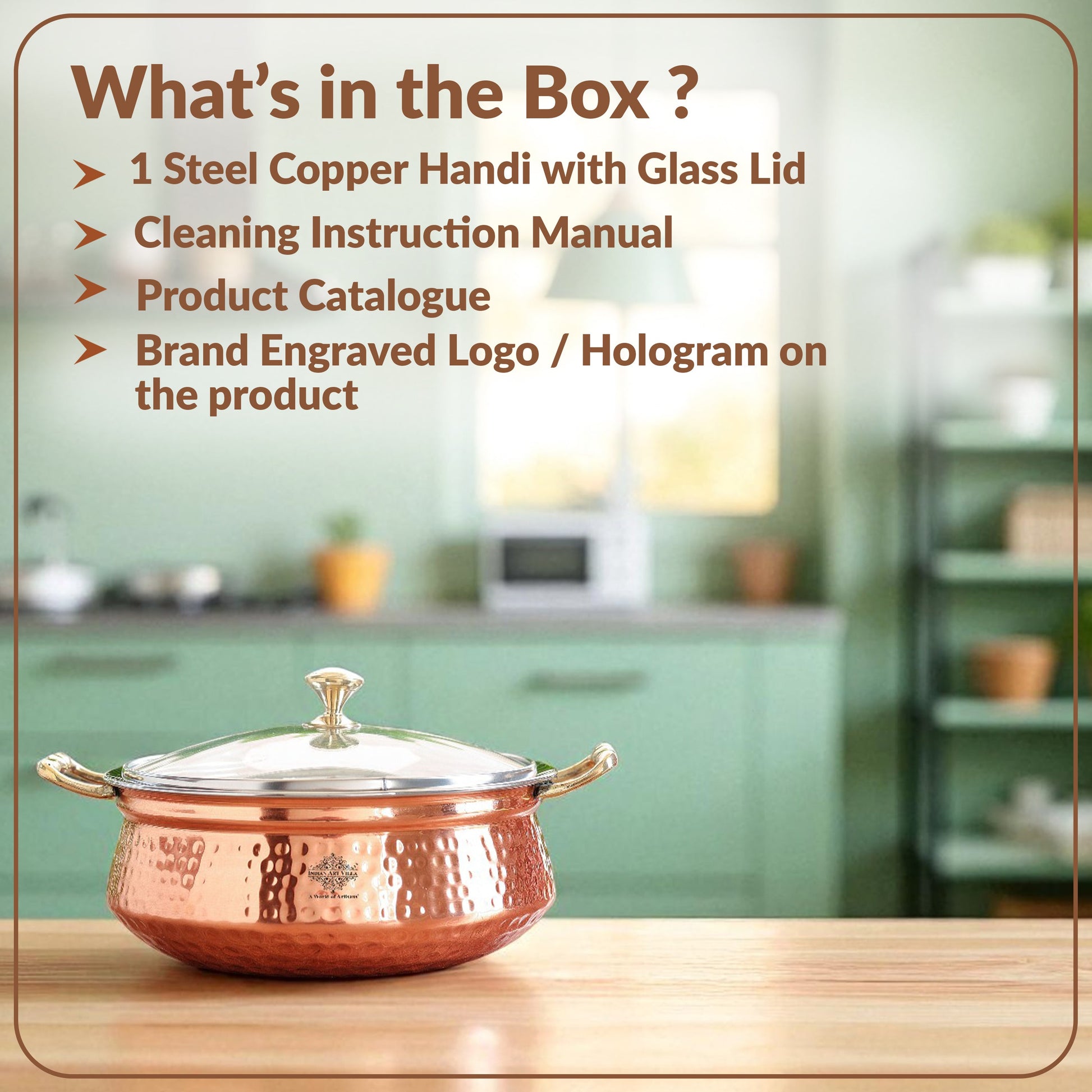 Pure Steel Copper Hammered Design Casserole with Brass Handles