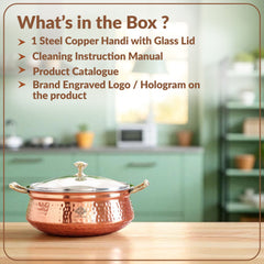 Pure Steel Copper Hammered Design Casserole with Brass Handles