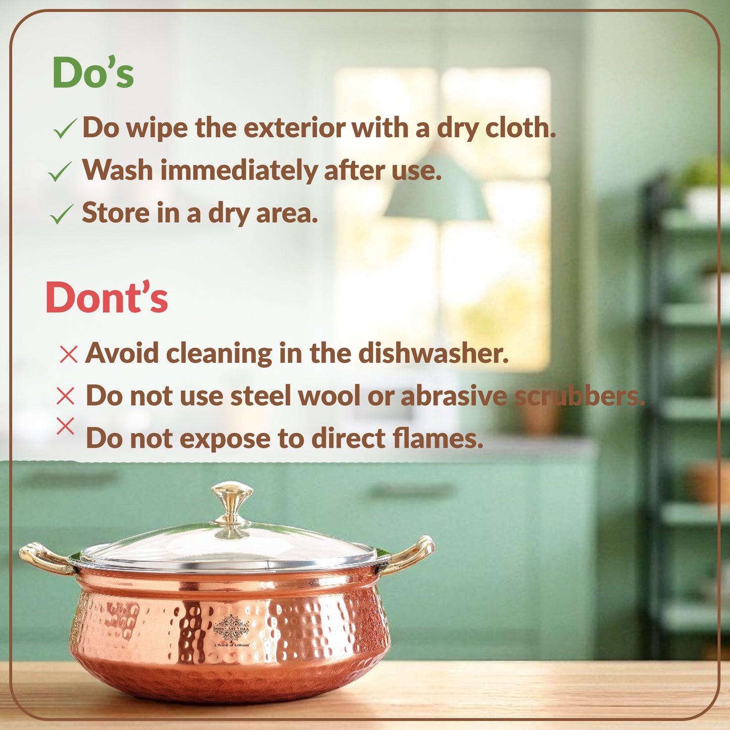 Pure Steel Copper Hammered Design Casserole with Brass Handles