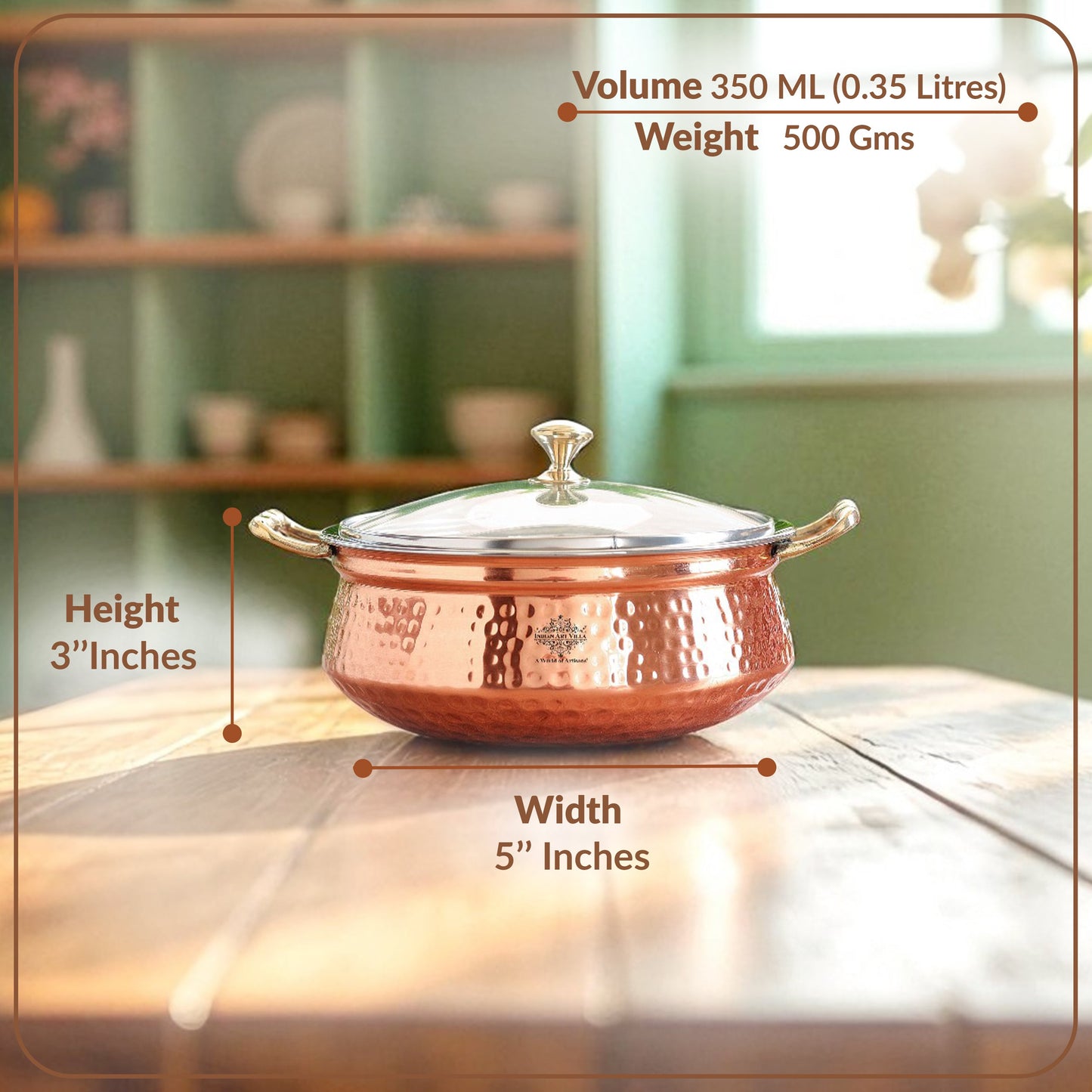 Pure Steel Copper Hammered Design Casserole with Brass Handles