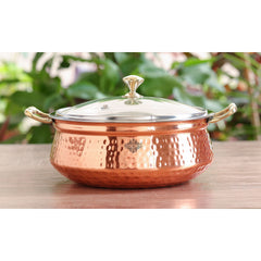 Handmade Steel Copper Set of 2 Casserole Donga with Glass Lid, 400ml/500ml