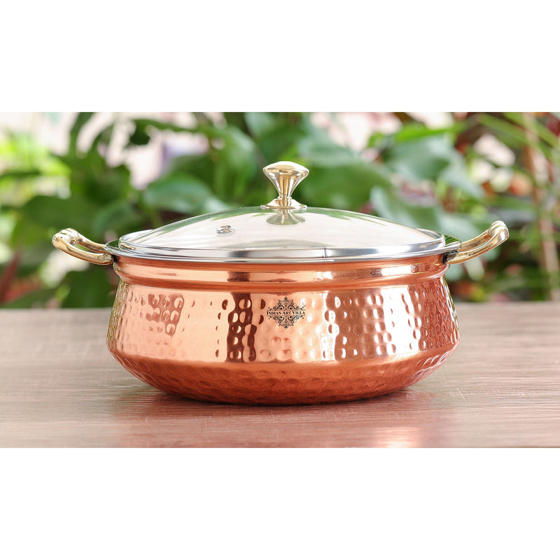Handmade Steel Copper Set of 2 Casserole Donga with Glass Lid, 400ml/500ml