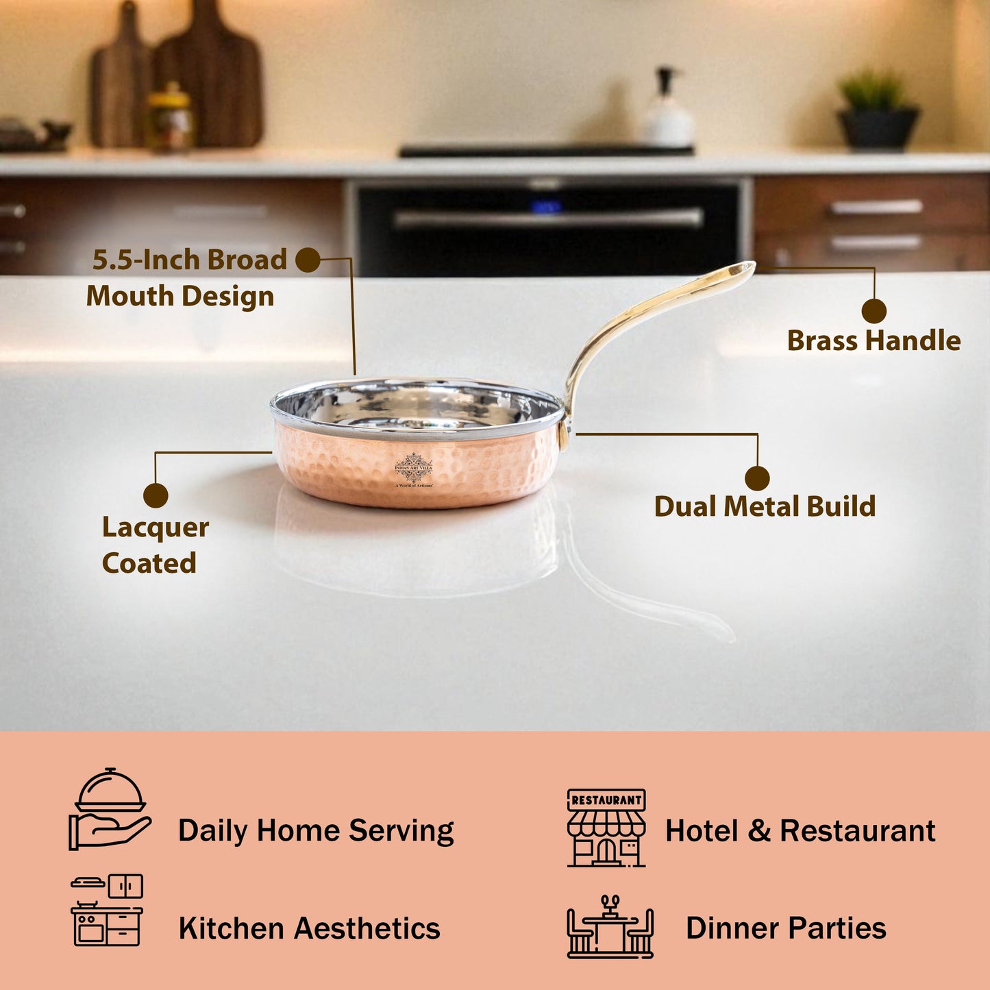 Steel Copper Frying pan Platter with Brass Handle, Serving Dishes