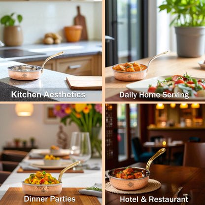 Steel Copper Frying pan Platter with Brass Handle, Serving Dishes