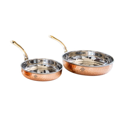 Steel Copper Frying pan Platter with Brass Handle, Serving Dishes
