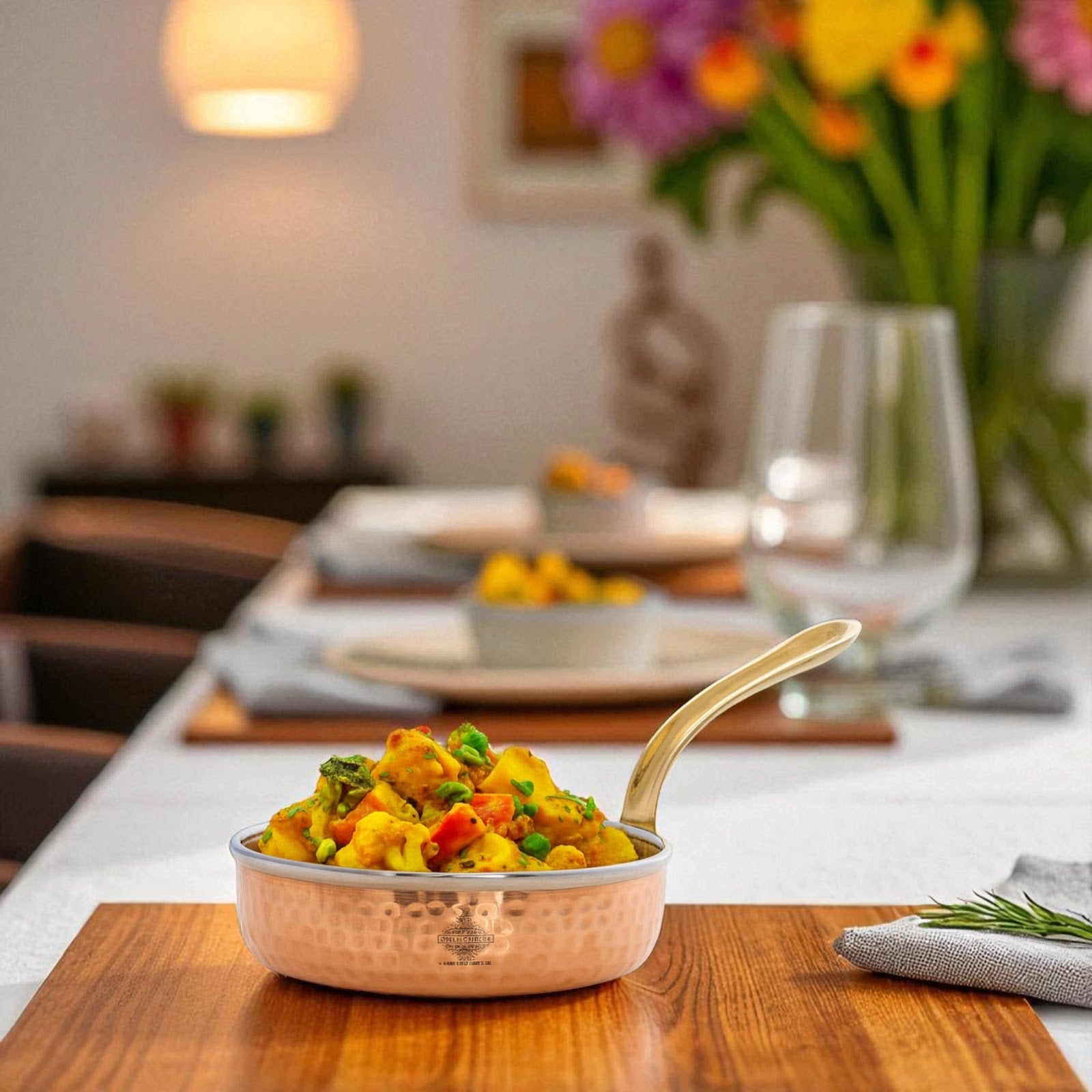 Steel Copper Frying pan Platter with Brass Handle, Serving Dishes