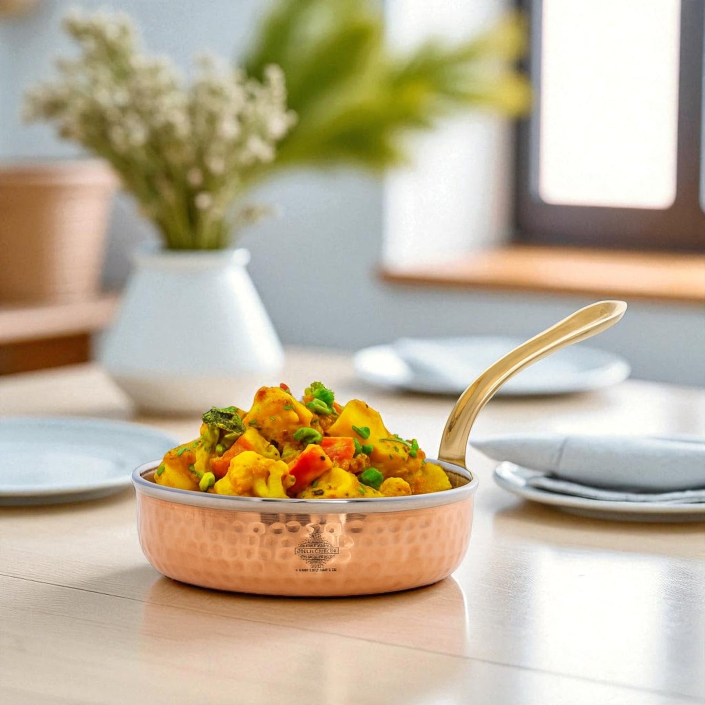 Steel Copper Frying pan Platter with Brass Handle, Serving Dishes