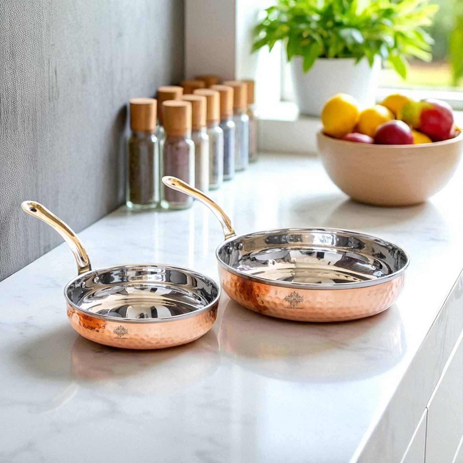 Steel Copper Frying pan Platter with Brass Handle, Serving Dishes